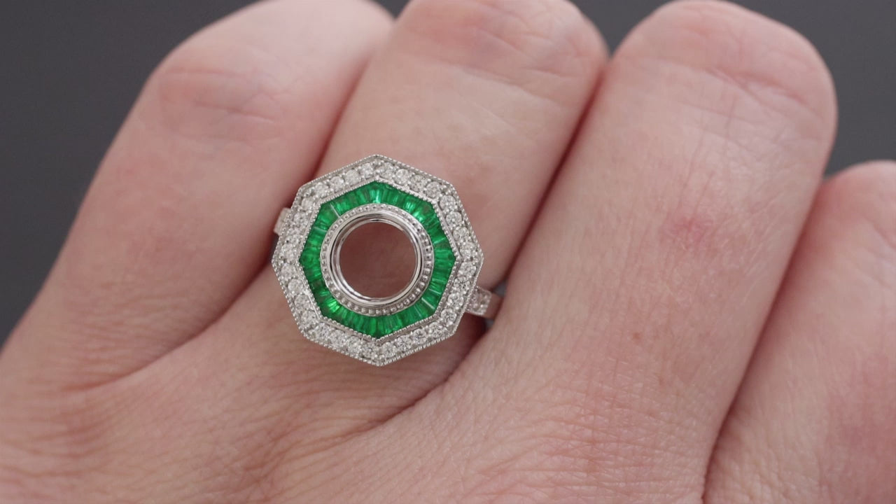 EMERALD DIAMOND RING SETTING 6.5mm ROUND VINTAGE STYLE HALO ART DECO SEMI MOUNT