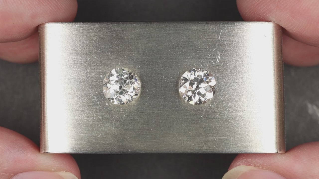 2.95ct OLD EUROPEAN CUT DIAMOND STUD EARRINGS VINTAGE MATCHING PAIR ESTATE 3ct