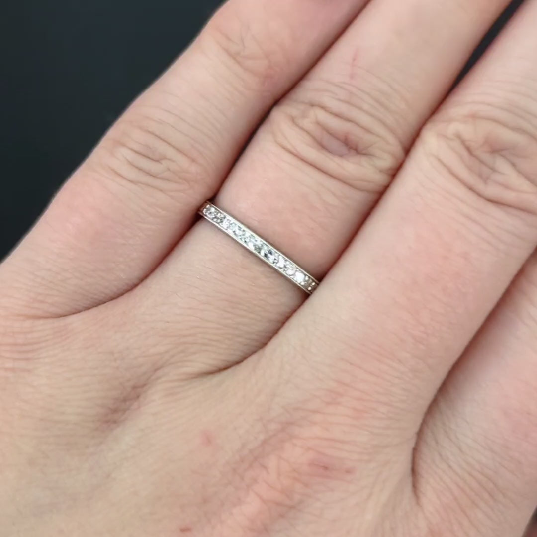 VINTAGE DIAMOND PLATINUM WEDDING RING STACKING BAND ENGRAVED CHANNEL NATURAL