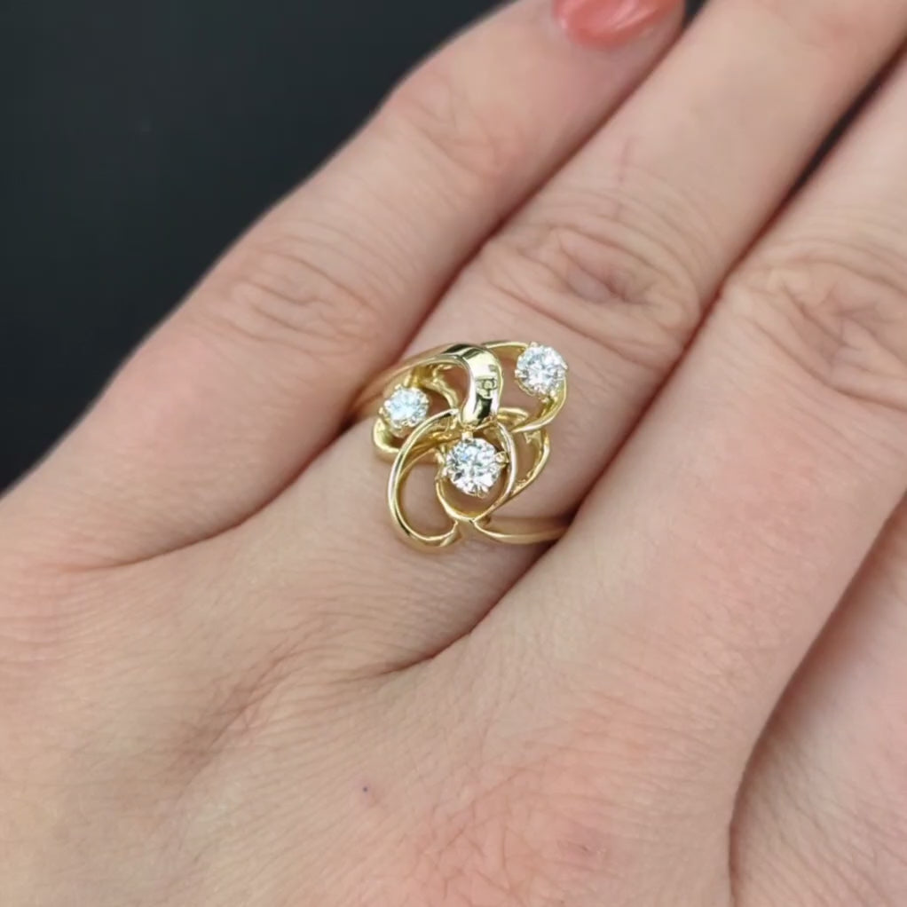 VINTAGE DIAMOND COCKTAIL RING 14k YELLOW GOLD CLUSTER 0.45ct OLD CUT NATURAL