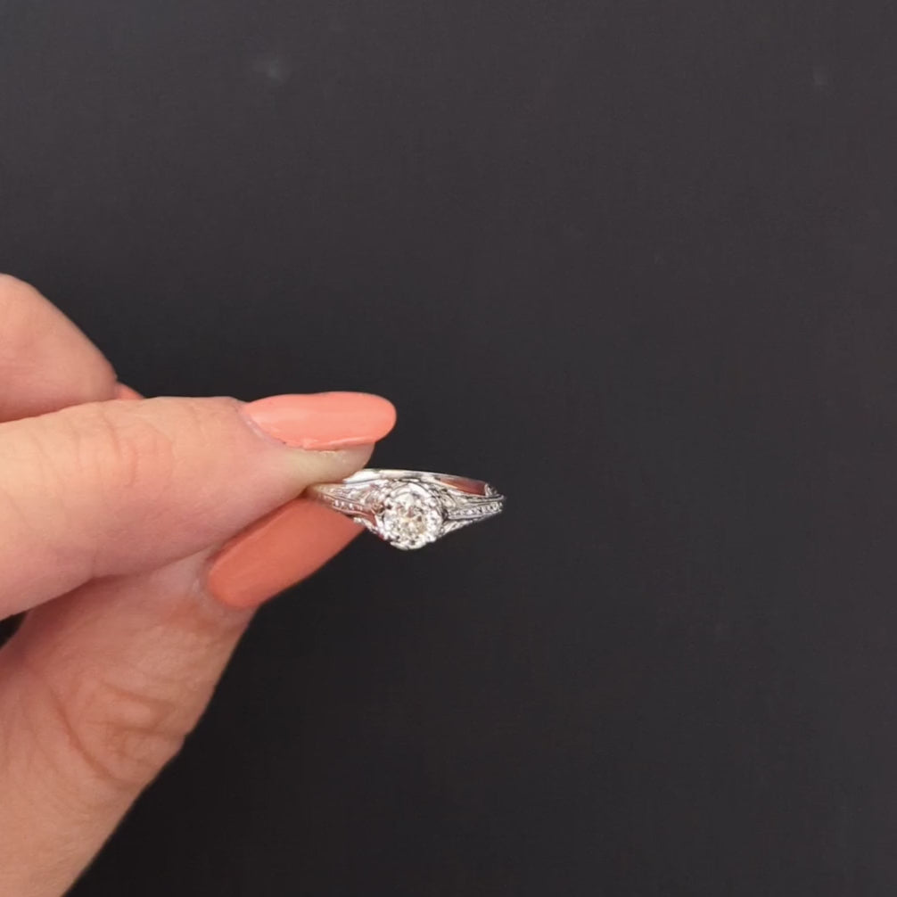 VINTAGE DIAMOND ENGAGEMENT RING 0.30ct F-G VS OLD CUT 18k WHITE GOLD FILIGREE