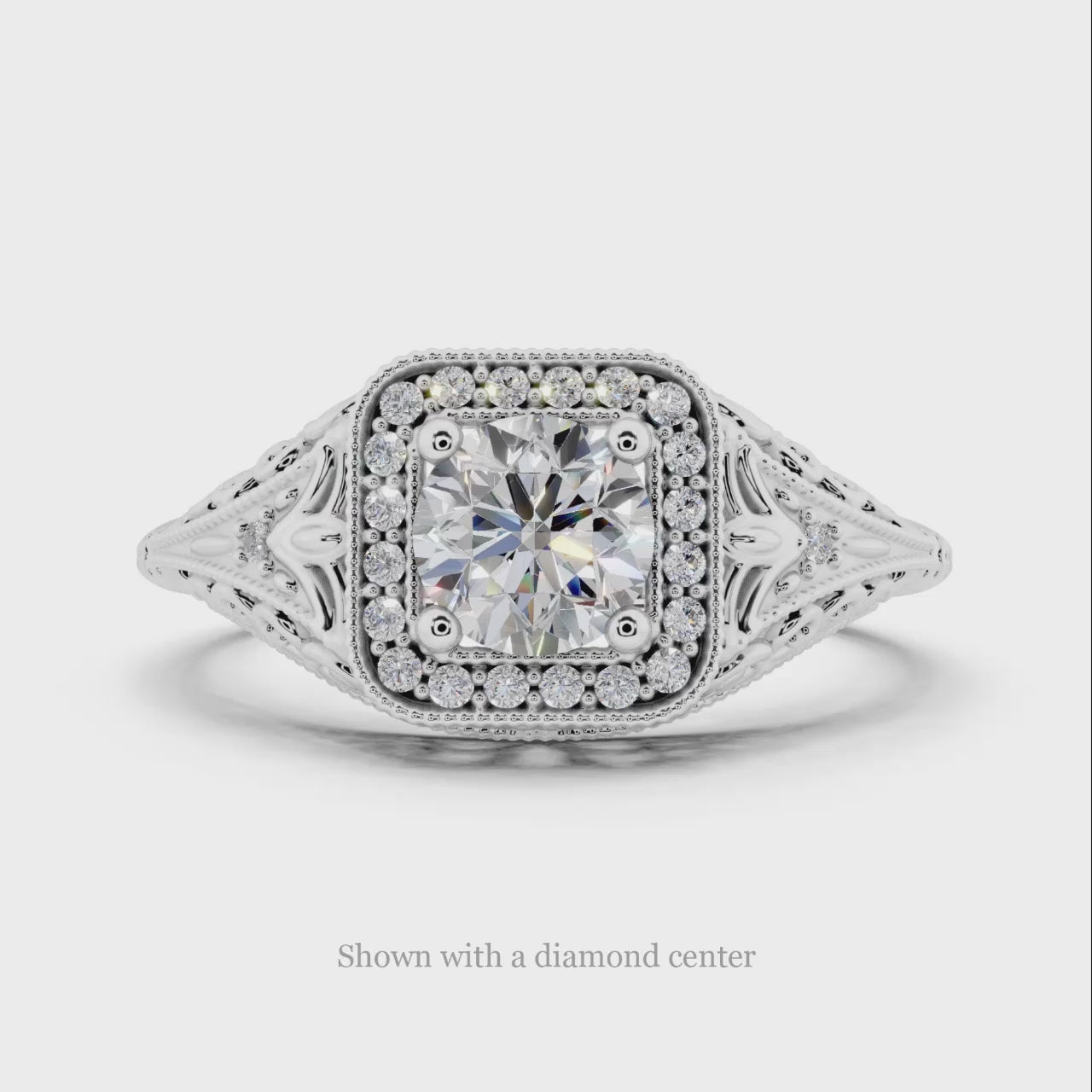 VINTAGE STYLE ROUND DIAMOND PLATINUM ENGAGEMENT RING SETTING CUSHION ENGRAVED 5M