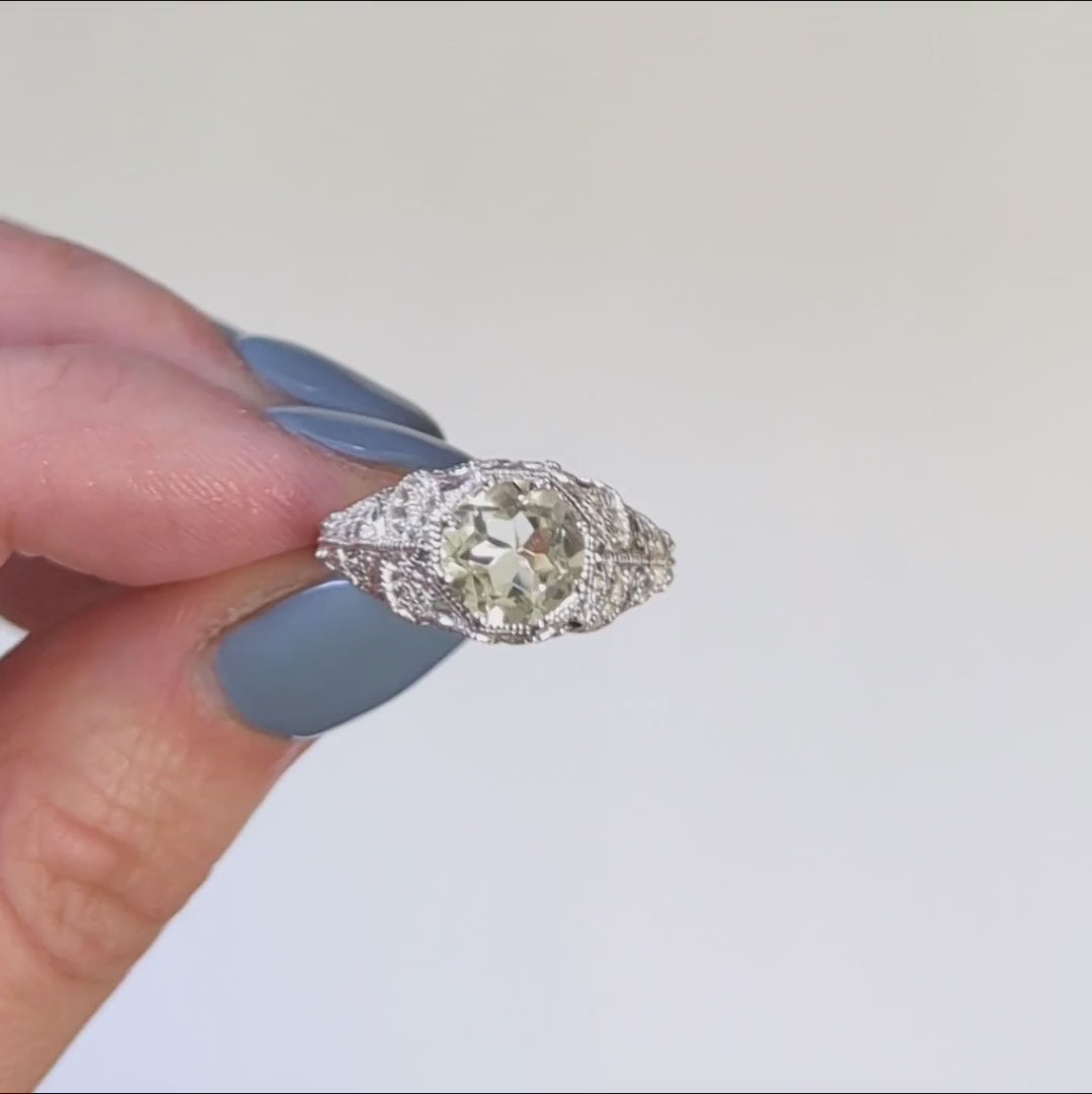 GREEN AMETHYST VINTAGE STYLE SOLITAIRE RING STERLING SILVER FILIGREE ART DECO