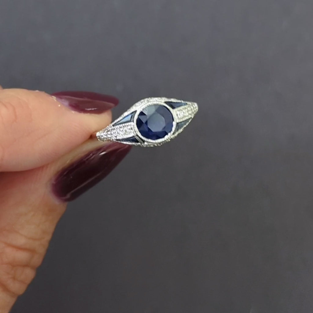 SAPPHIRE DIAMOND COCKTAIL RING VINTAGE STYLE ART DECO 14k WHITE GOLD NATURAL