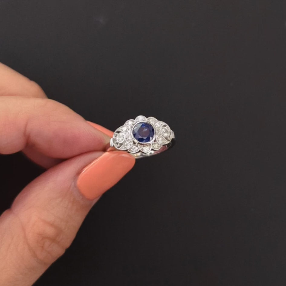 VINTAGE STYLE SAPPHIRE DIAMOND COCKTAIL RING 14k WHITE GOLD NATURAL ENGAGEMENT