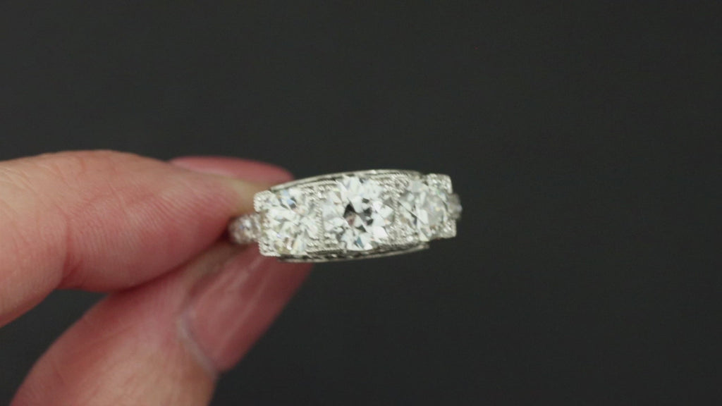 ART DECO VINTAGE DIAMOND RING OLD EUROPEAN CUT PLATINUM ENGRAVED ENGAGEMENT