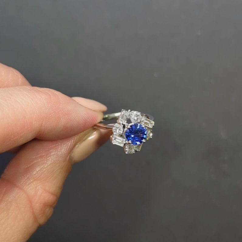 SAPPHIRE DIAMOND COCKTAIL RING ROUND BAGUETTE CUT HALO WHITE GOLD ESTATE NATURAL