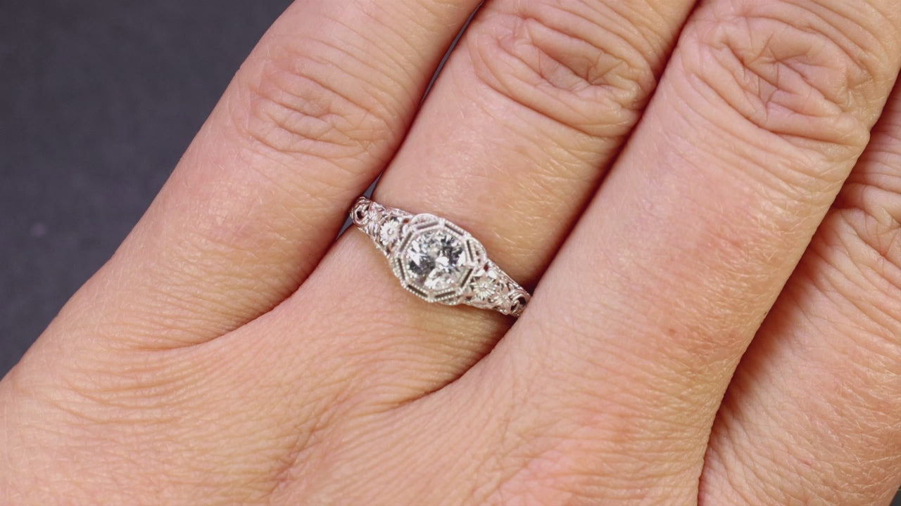 VINTAGE STYLE DIAMOND ENGAGEMENT RING FLORAL 14k WHITE GOLD SOLITAIRE 1/2 CARAT