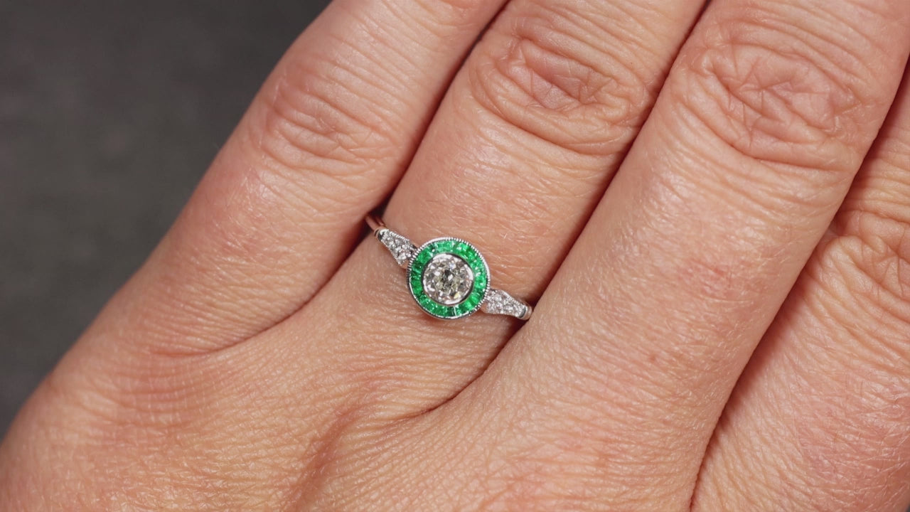OLD EUROPEAN CUT DIAMOND ENGAGEMENT RING EMERALD ART DECO TARGET VINTAGE STYLE
