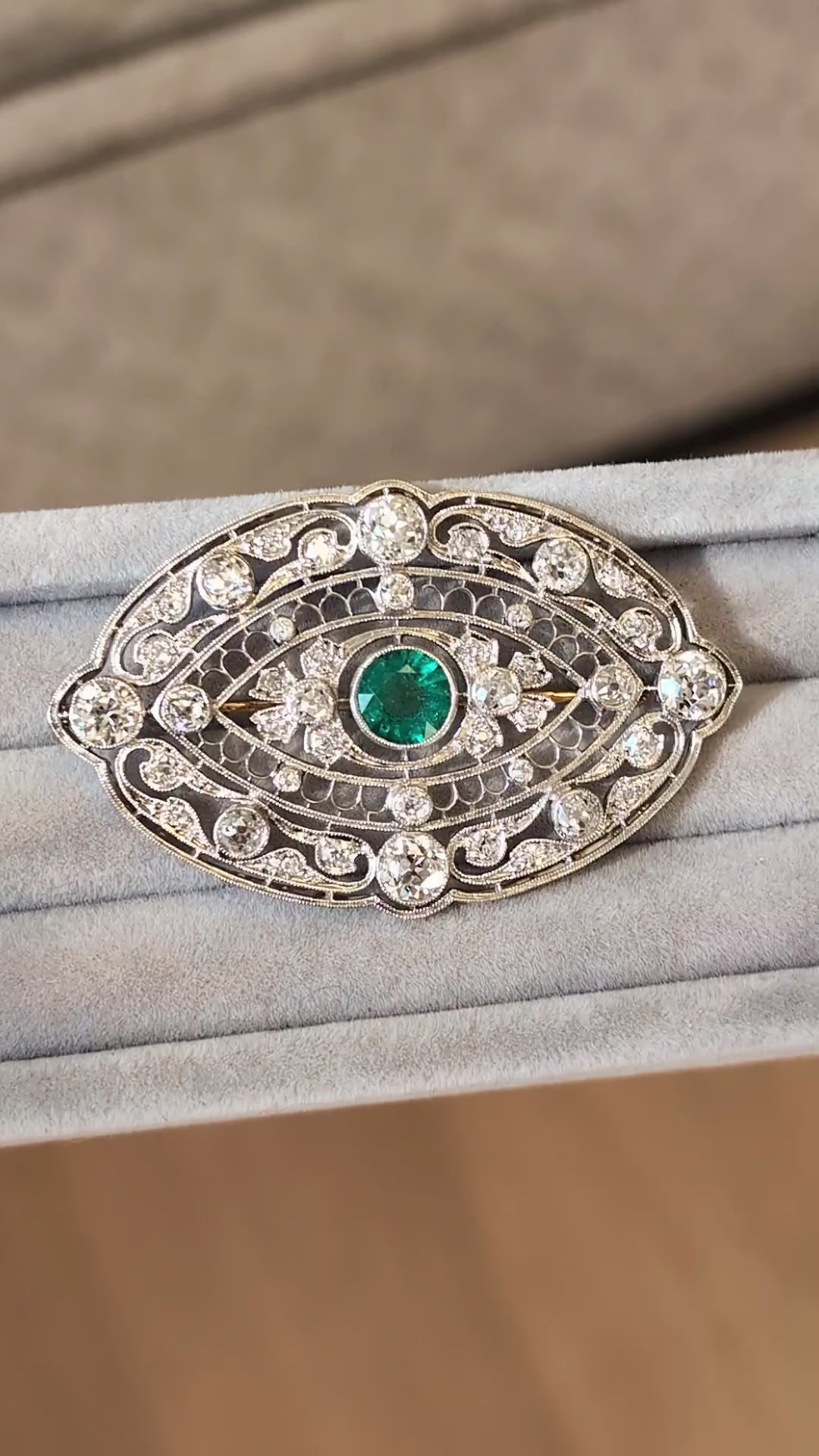 ART DECO EMERALD DIAMOND PIN PENDANT OLD CUT PLATINUM VINTAGE FILIGREE NECKLACE