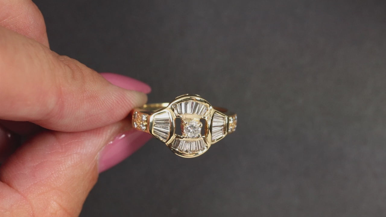 1 CARAT DIAMOND COCKTAIL RING 14k YELLOW GOLD BAGUETTE HALO CLUSTER NATURAL 1ct
