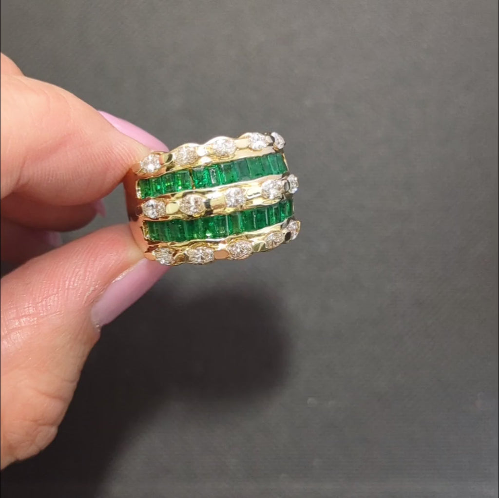 EMERALD DIAMOND COCKTAIL RING 15.9 GRAM 14k YELLOW GOLD WIDE 5 ROW BAND NATURAL