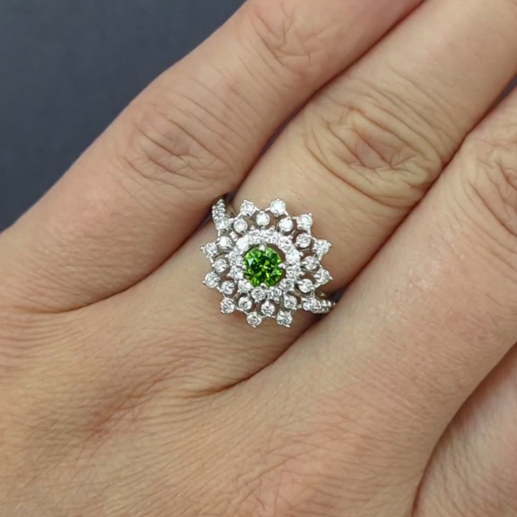 DEMANTOID GARNET DIAMOND COCKTAIL RING PLATINUM BALLERINA CLUSTER GREEN NATURAL