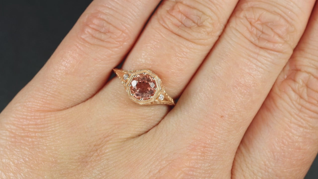 BLUSH PINK TOURMALINE SOLITAIRE RING NATURAL ROUND FILIGREE VINTAGE STYLE 14k