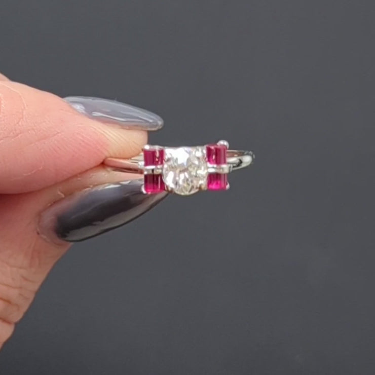 VINTAGE DIAMOND RUBY ENGAGEMENT RING OLD EUROPEAN CUT PLATINUM 0.68c G SI2 RETRO