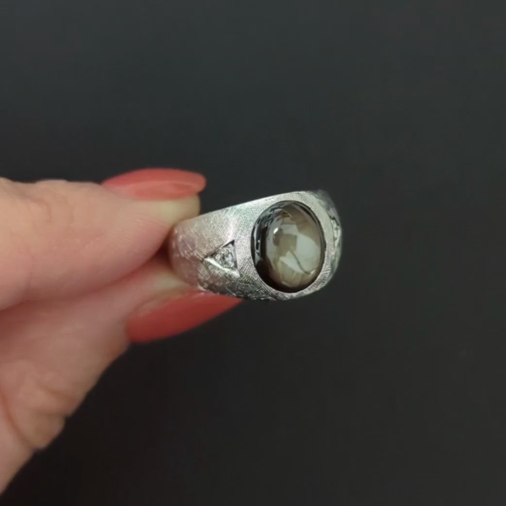 BLACK STAR SAPPHIRE DIAMOND RING WIDE 14k WHITE GOLD FLORENTINE FINISH 10gm MENS