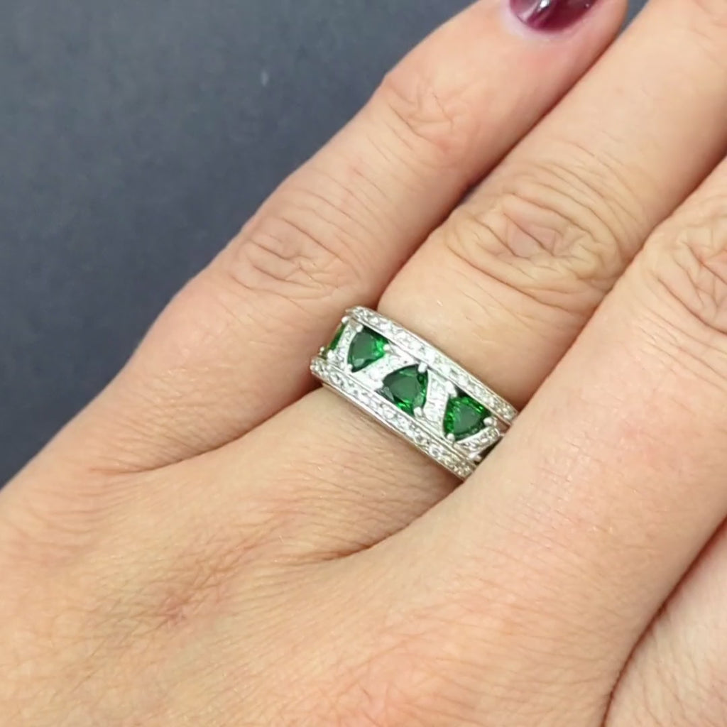 DIAMOND TSAVORITE GARNET COCKTAIL RING WIDE BAND PLATINUM 9.4gm NATURAL TRILLION