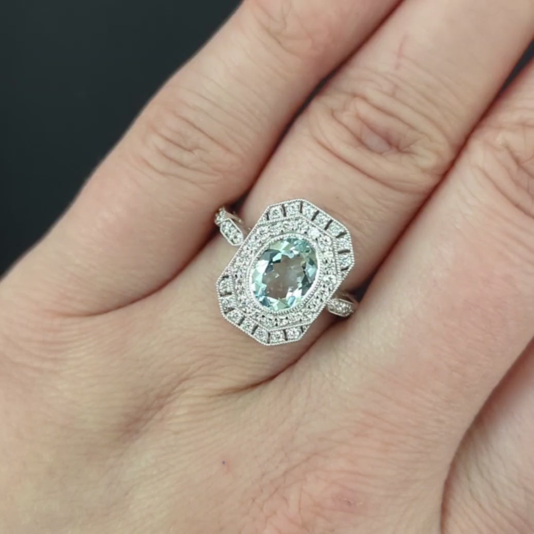 AQUAMARINE DIAMOND COCKTAIL RING VINTAGE STYLE ART DECO HALO OVAL PLATINUM