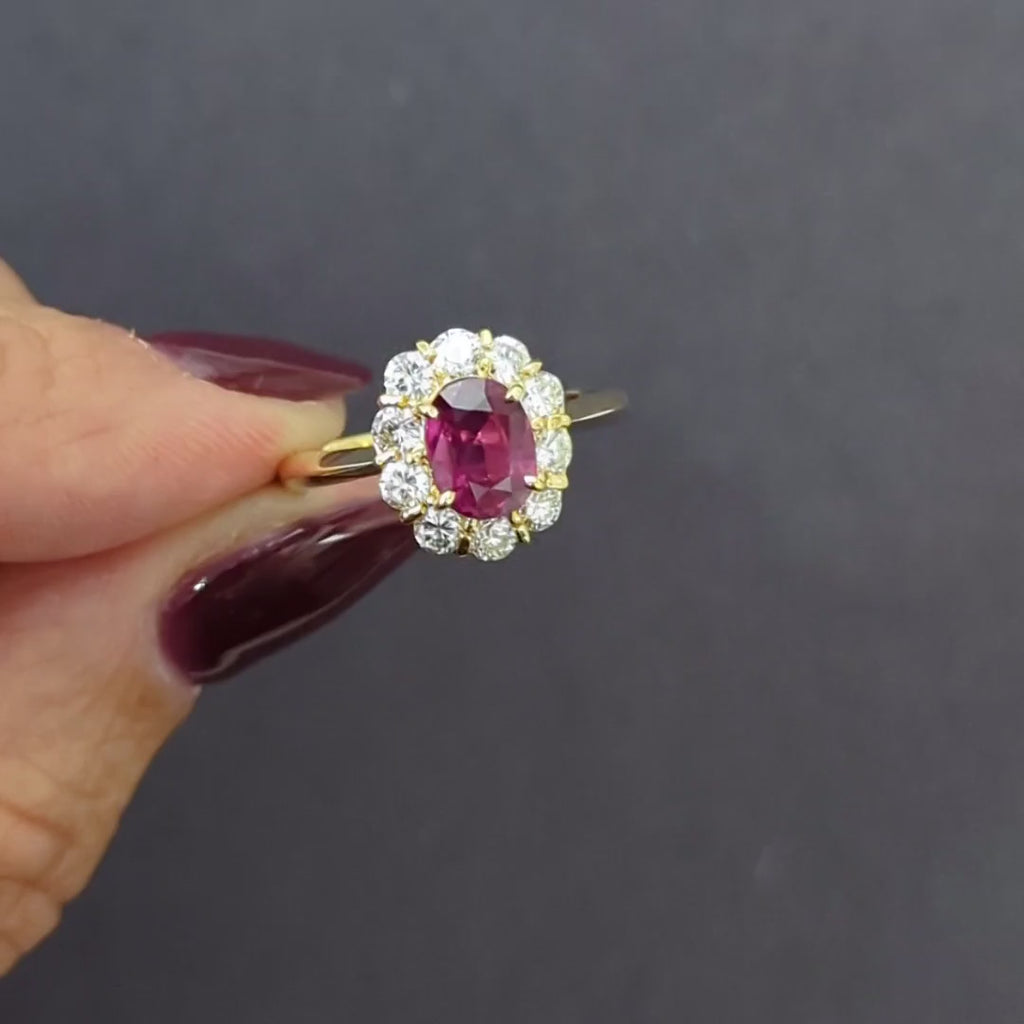 1.82ct RUBY DIAMOND COCKTAIL RING 18k YELLOW GOLD HALO OVAL SHAPE CUT NATURAL