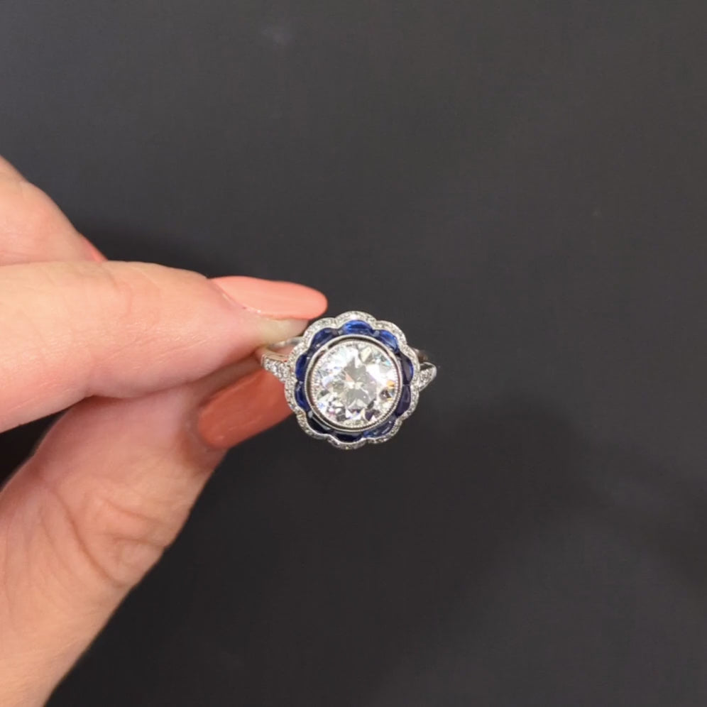 2 CARAT OLD EUROPEAN CUT DIAMOND SAPPHIRE RING PLATINUM VINTAGE STYLE SCALLOPED