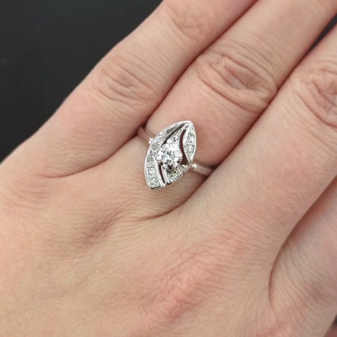 VINTAGE DIAMOND COCKTAIL RING NAVETTE SHAPE 14k WHITE GOLD NATURAL MID CENTURY
