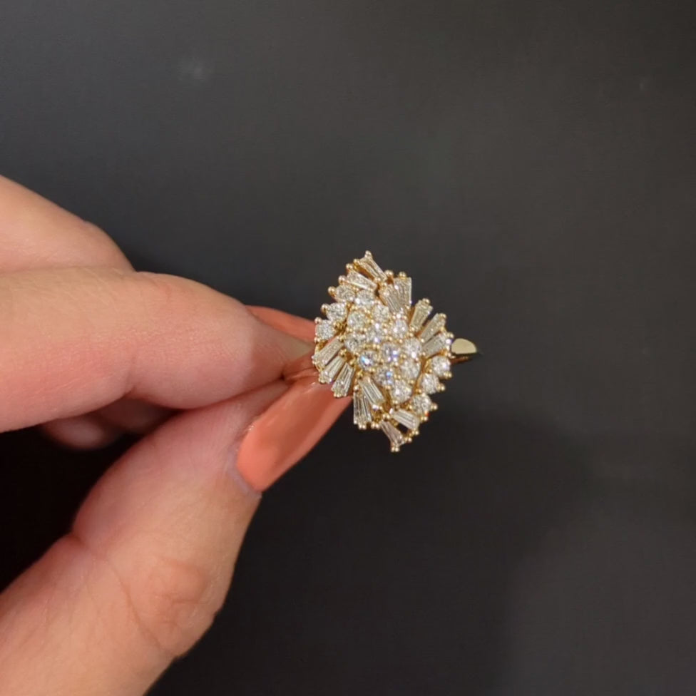 1.35c NATURAL DIAMOND COCKTAIL RING BIG CLUSTER 14k YELLOW GOLD STATEMENT ESTATE