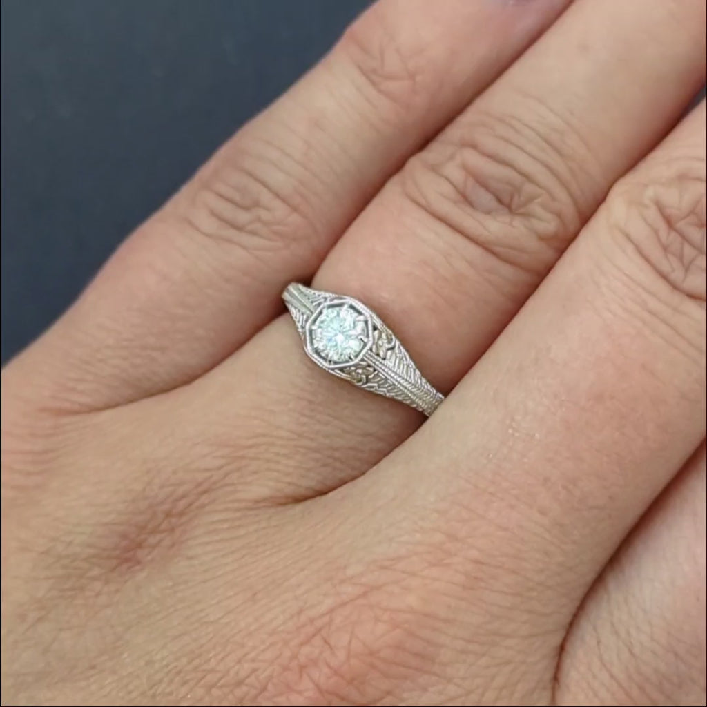 0.43c VINTAGE STYLE DIAMOND ENGAGEMENT RING E-F SI ROUND CUT WHITE GOLD FILIGREE