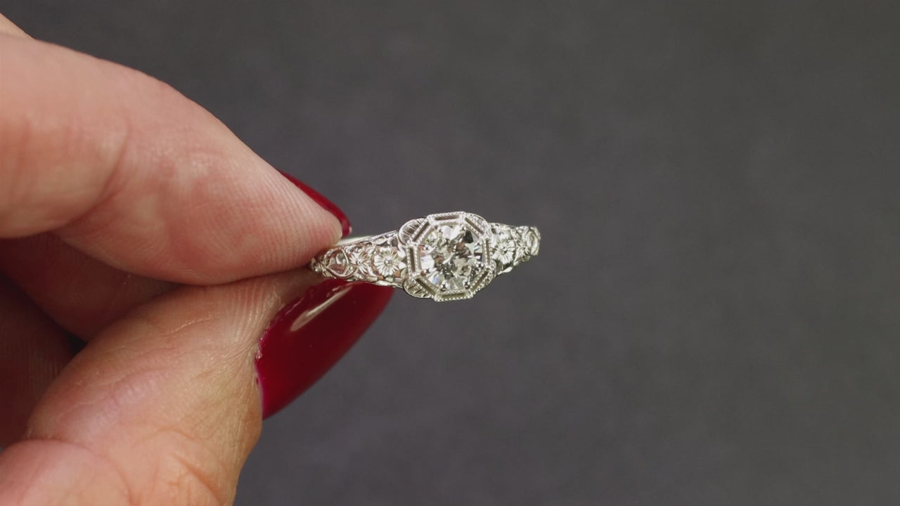 VINTAGE STYLE DIAMOND ENGAGEMENT RING FLORAL 14k WHITE GOLD SOLITAIRE 1/2 CARAT