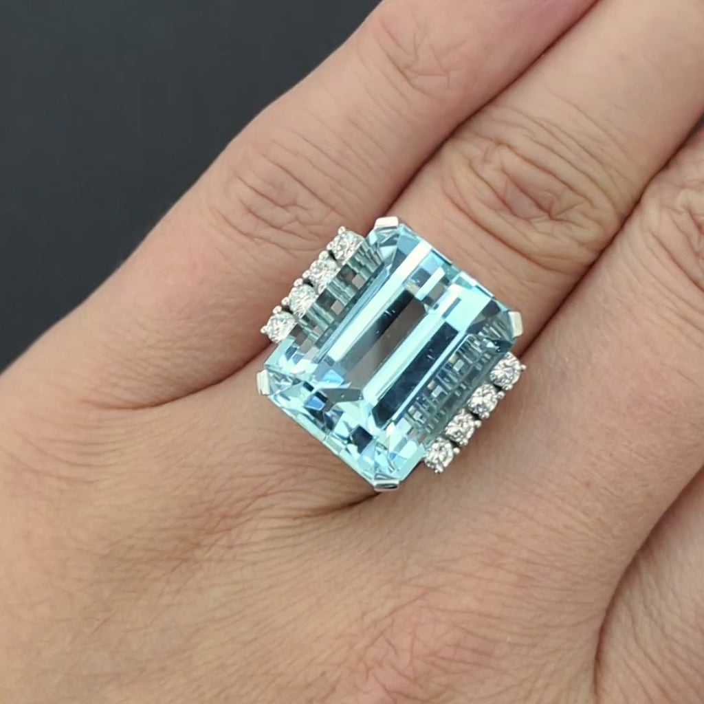 28 CARAT VINTAGE AQUAMARINE DIAMOND COCKTAIL RING EMERALD CUT 14k WHITE GOLD