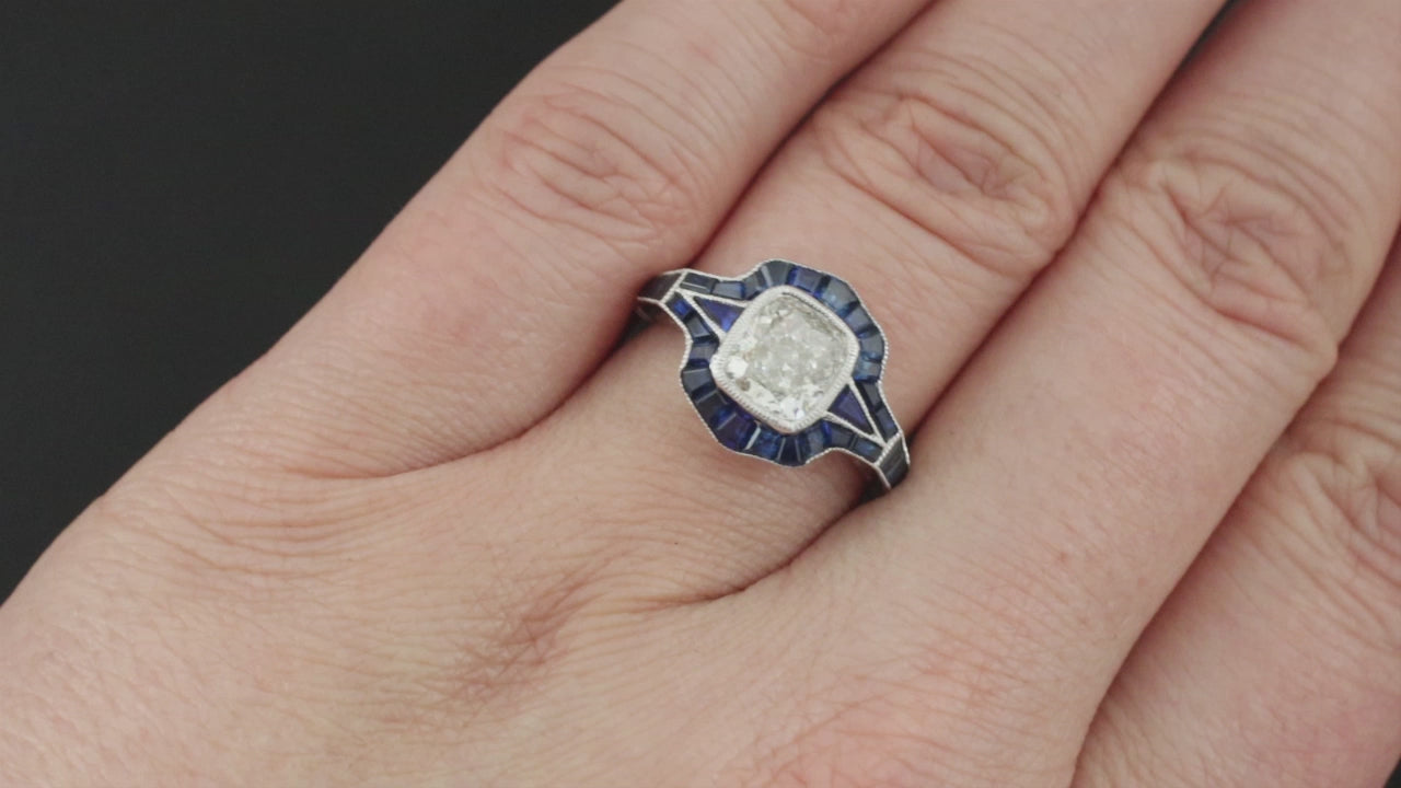 1.90ct DIAMOND SAPPHIRE ENGAGEMENT RING GIA CERTIFIED VINTAGE STYLE HALO CUSHION