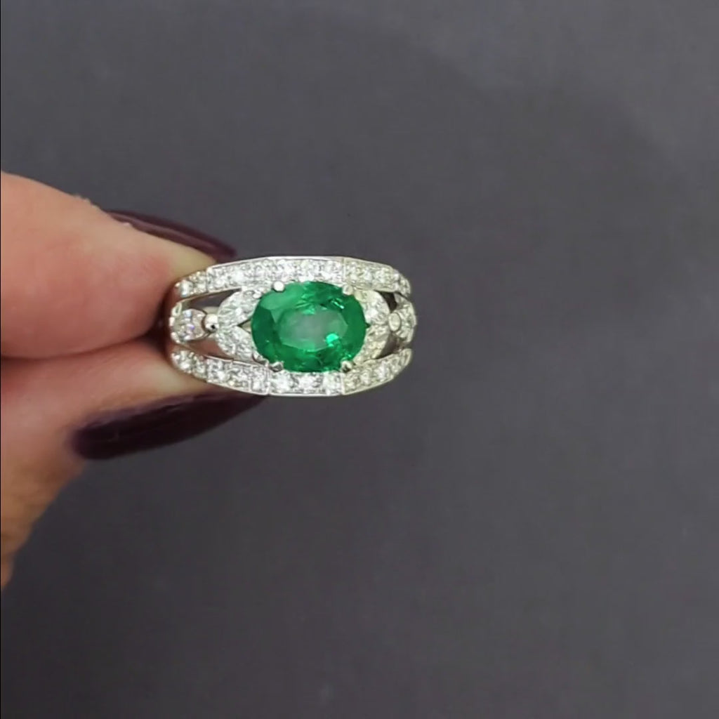 3.20ct EMERALD DIAMOND COCKTAIL RING PLATINUM GIA CERTIFIED EAST WEST WIDE OVAL