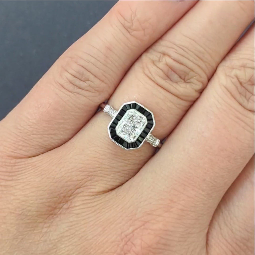 1ct GIA CERTIFIED DIAMOND BLACK ONYX ENGAGEMENT RING RADIANT CUT VINTAGE STYLE