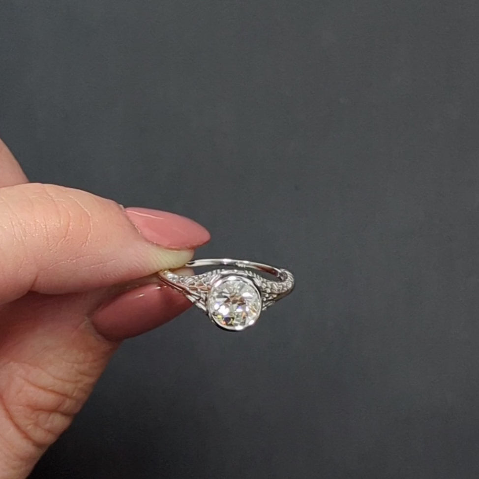 1 CARAT VINTAGE DIAMOND ENGAGEMENT RING OLD EUROPEAN CUT 18k WHITE GOLD FILIGREE