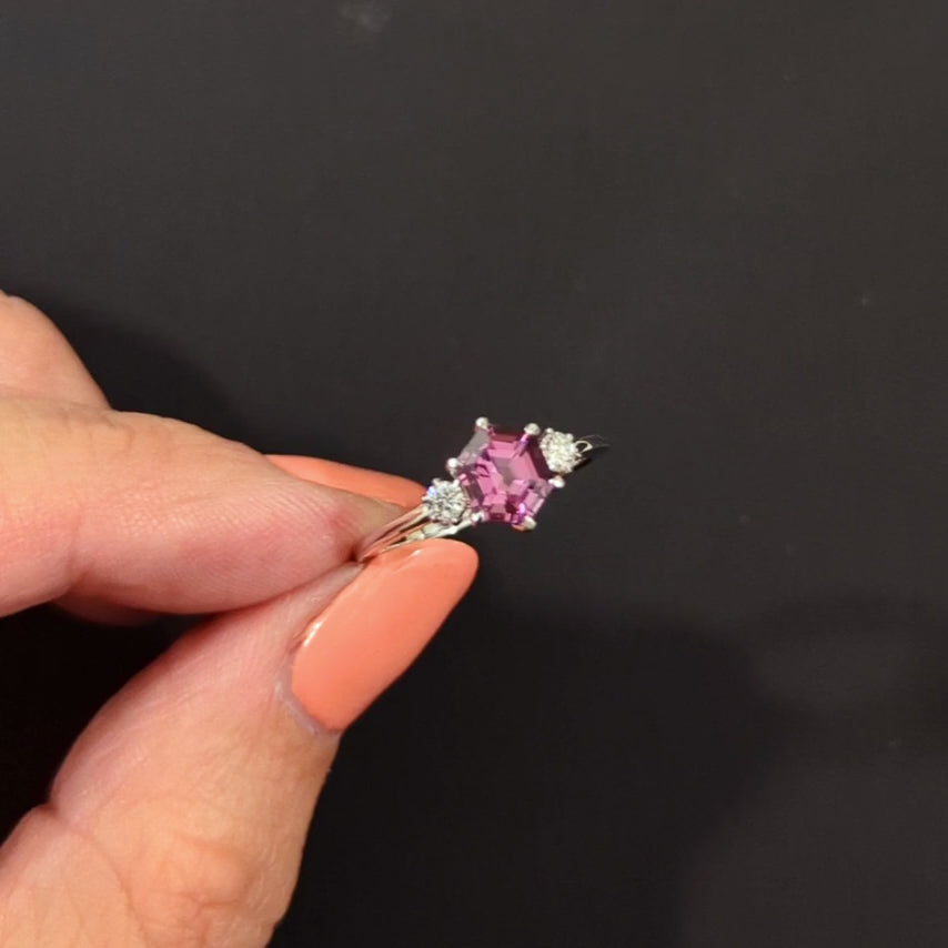 PINK SPINEL DIAMOND COCKTAIL RING HEXAGON STEP CUT WHITE GOLD 3 STONE NATURAL