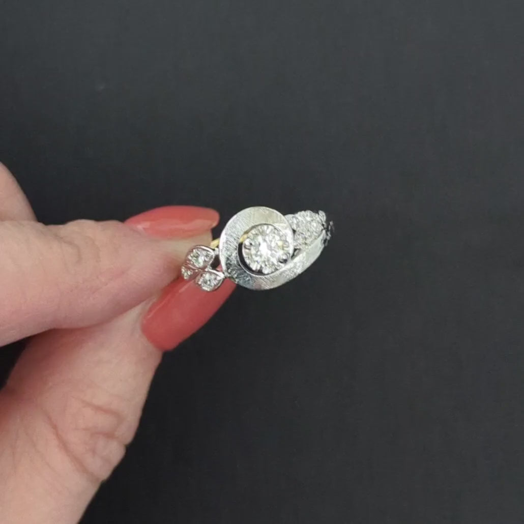 VINTAGE DIAMOND COCKTAIL RING MID CENTURY TWO TONE 14k GOLD SWIRL FLORENTINE