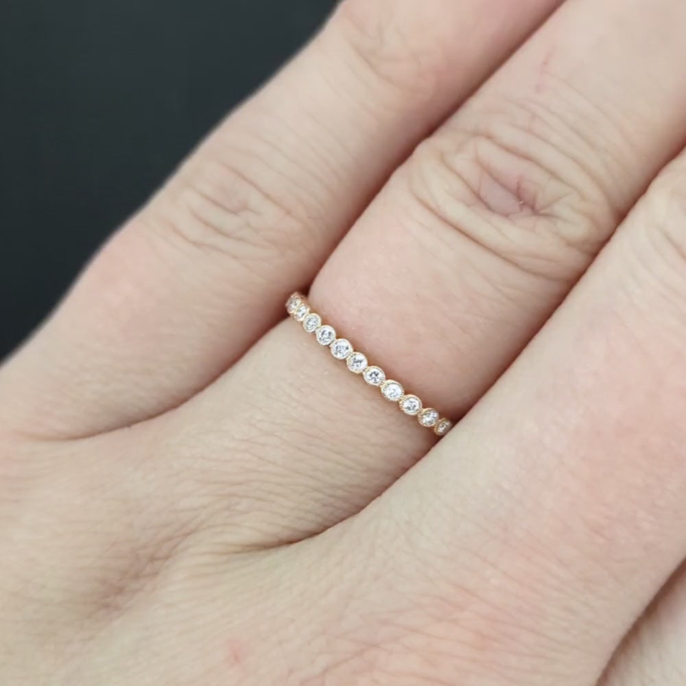 NATURAL DIAMOND WEDDING RING 14k ROSE GOLD STACKING RING DAINTY BEZEL MILGRAIN