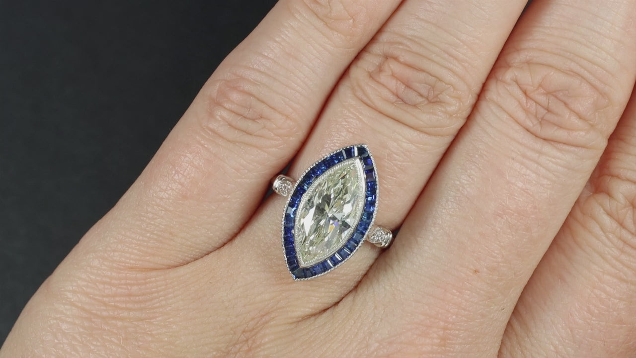 3ct MARQUISE CERTIFIED DIAMOND SAPPHIRE ENGAGEMENT RING ART DECO STYLE PLATINUM