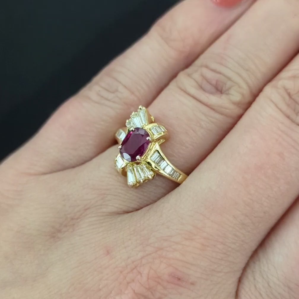 RUBY DIAMOND COCKTAIL RING 18k YELLOW GOLD NATURAL BYPASS OVAL BAGUETTE ESTATE