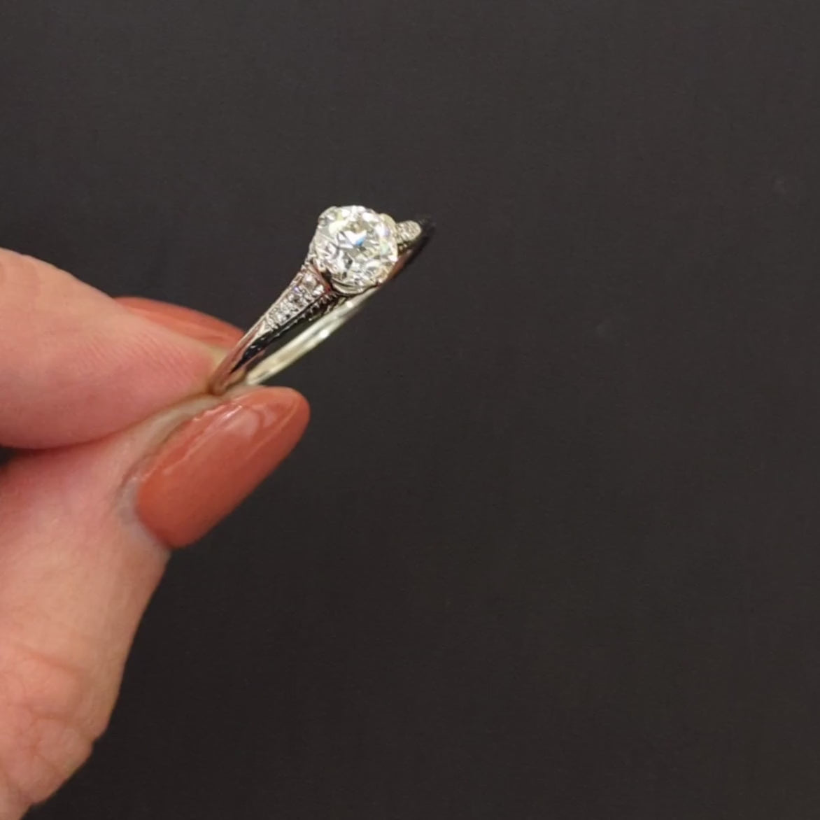 VINTAGE DIAMOND ENGAGEMENT RING 0.89ct G VS1 OLD EUROPEAN CUT PLATINUM FILIGREE