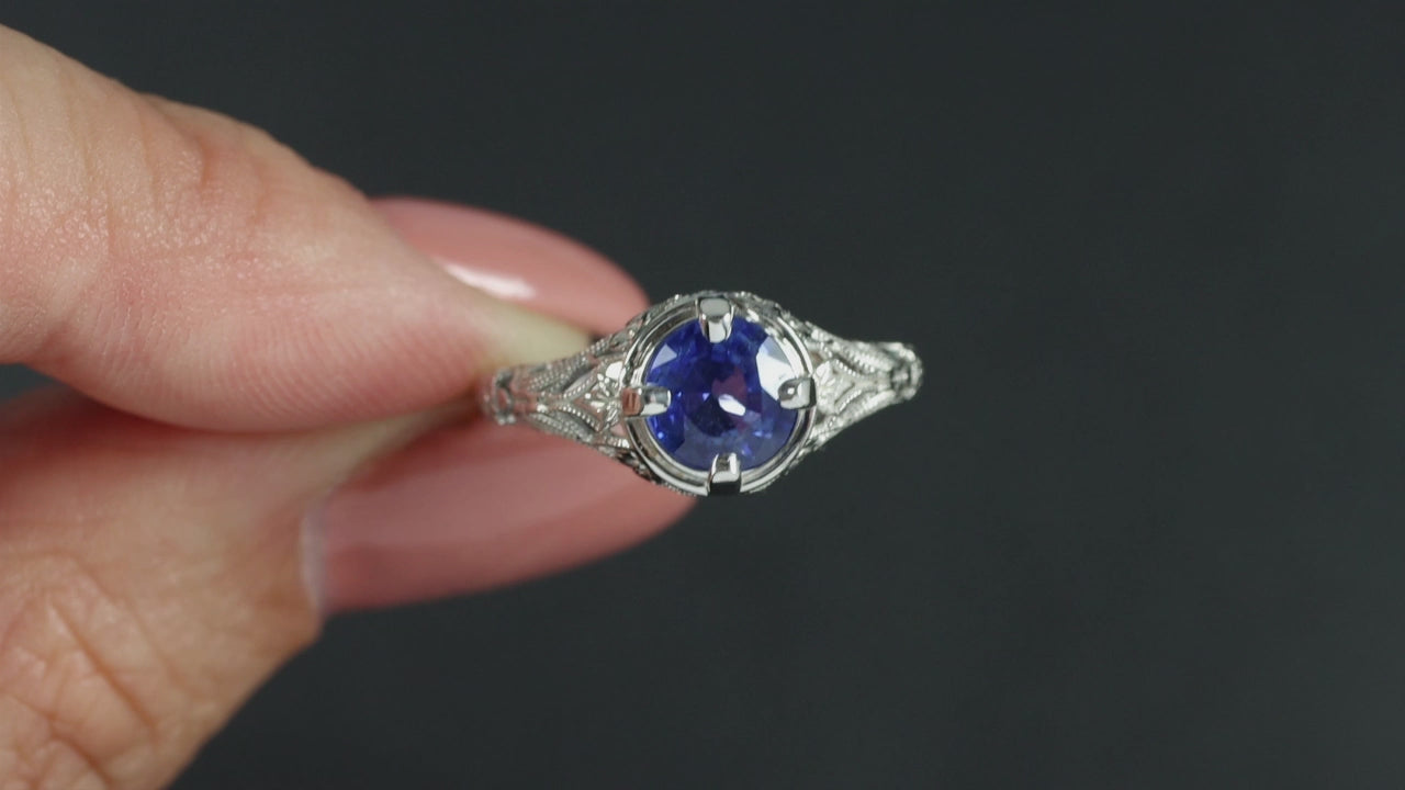 1.17ct NATURAL BLUE SAPPHIRE FLORAL FILIGREE SOLITAIRE RING VINTAGE STYLE GOLD
