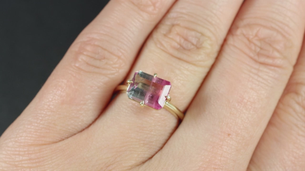 2.58ct BI COLOR TOURMALINE SOLITAIRE RING 14k YELLOW GOLD EAST WEST WATERMELON