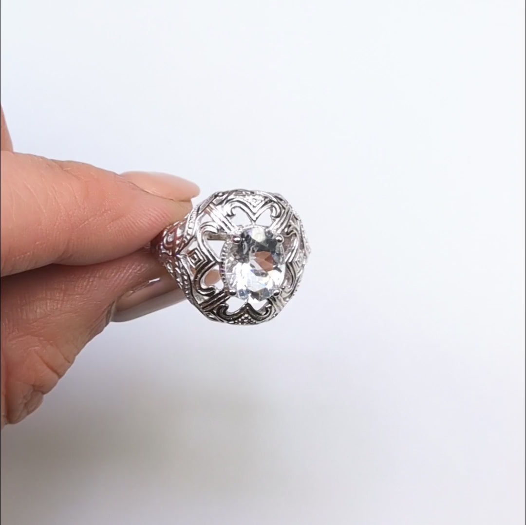 AQUAMARINE STERLING SILVER RING VINTAGE STYLE OVAL GEMSTONE FILIGREE COCKTAIL