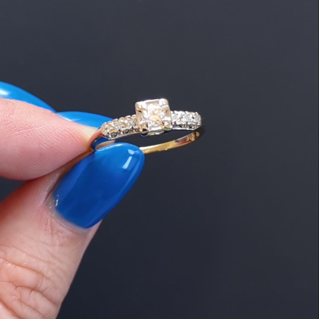 VINTAGE DIAMOND ENGAGEMENT RING OLD EUROPEAN CUT 1/4 CARAT TWO TONE GOLD ESTATE