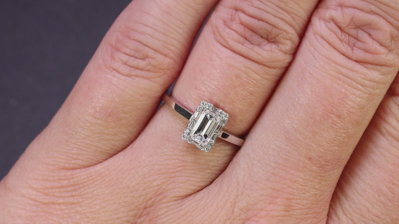 0.68ct EMERALD CUT DIAMOND ENGAGEMENT RING F-G VS1 HALO 14k WHITE GOLD NATURAL