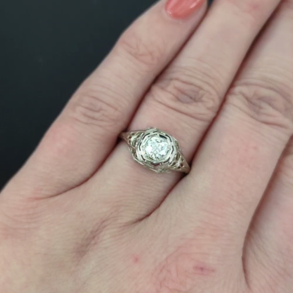 ART DECO DIAMOND ENGAGEMENT RING 0.60ct OLD EUROPEAN CUT 18k WHITE GOLD VINTAGE