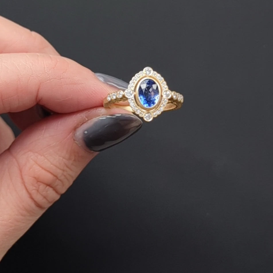 SAPPHIRE DIAMOND COCKTAIL RING VINTAGE STYLE 1.13ct SCALLOP HALO 14k YELLOW GOLD