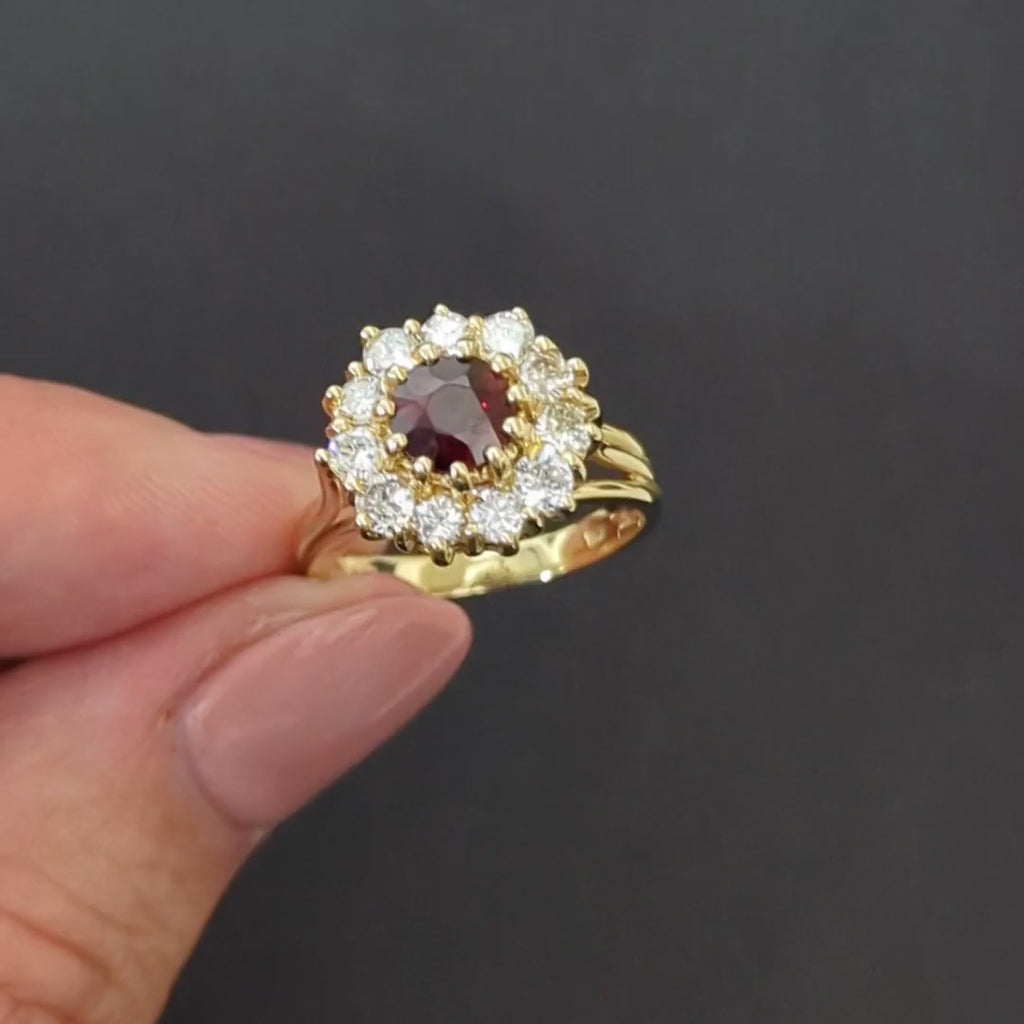 GARNET DIAMOND COCKTAIL RING 14k YELLOW GOLD HALO CLUSTER RED ROUND CUT NATURAL