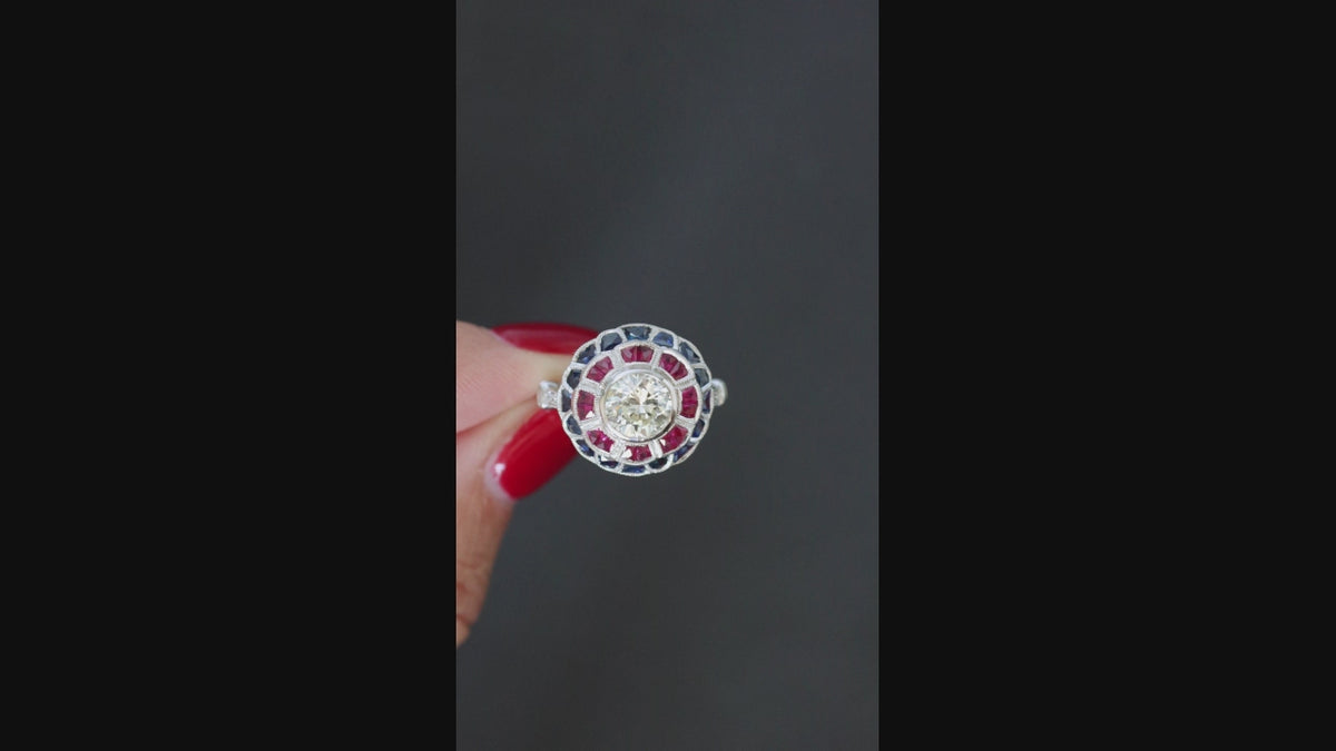 1.25c ROUND DIAMOND RING VINTAGE STYLE RUBY BLUE SAPPHIRE DOUBLE HALO FRENCH CUT