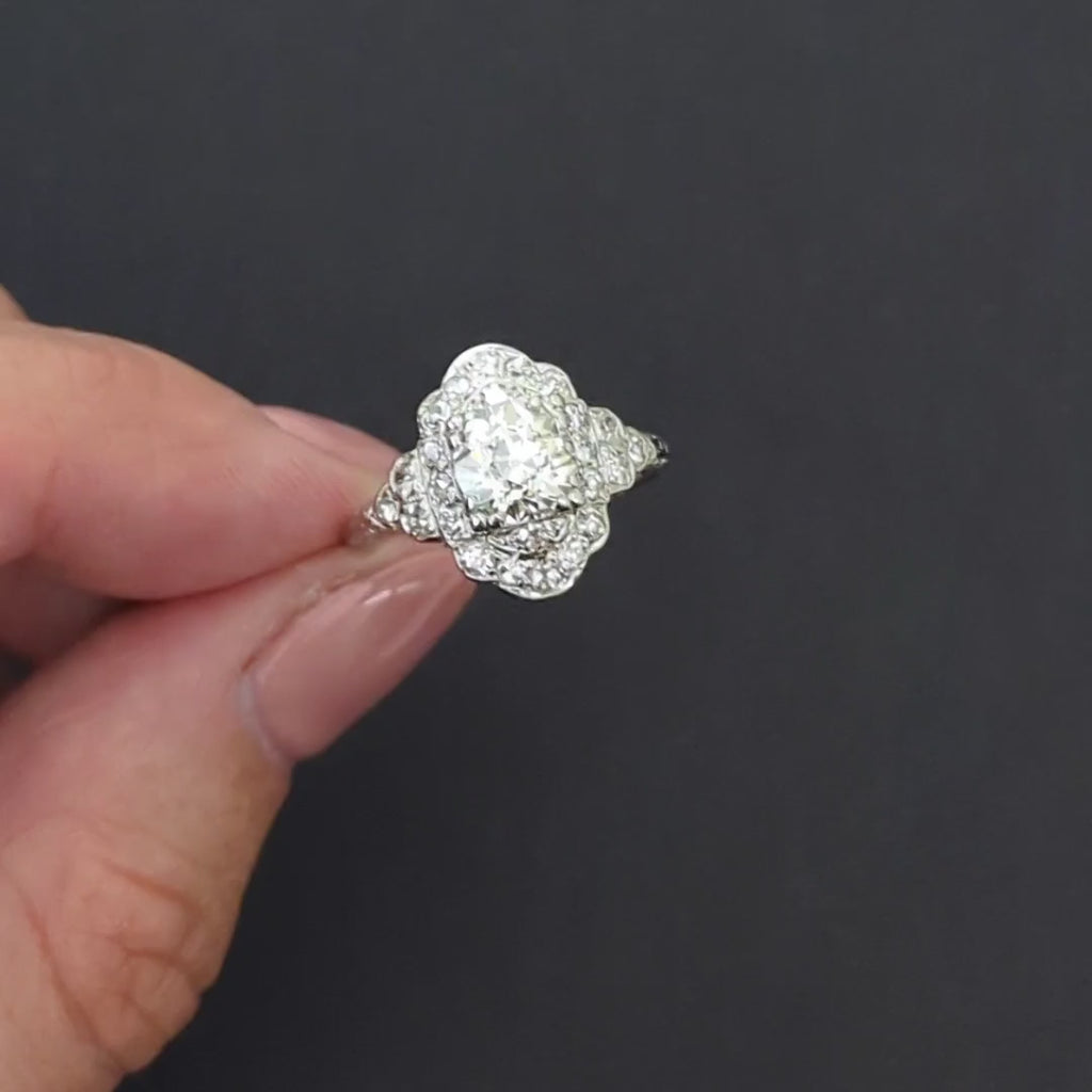 1.35ct ART DECO VINTAGE DIAMOND RING M VS2 OLD EUROPEAN CUT PLATINUM COCKTAIL