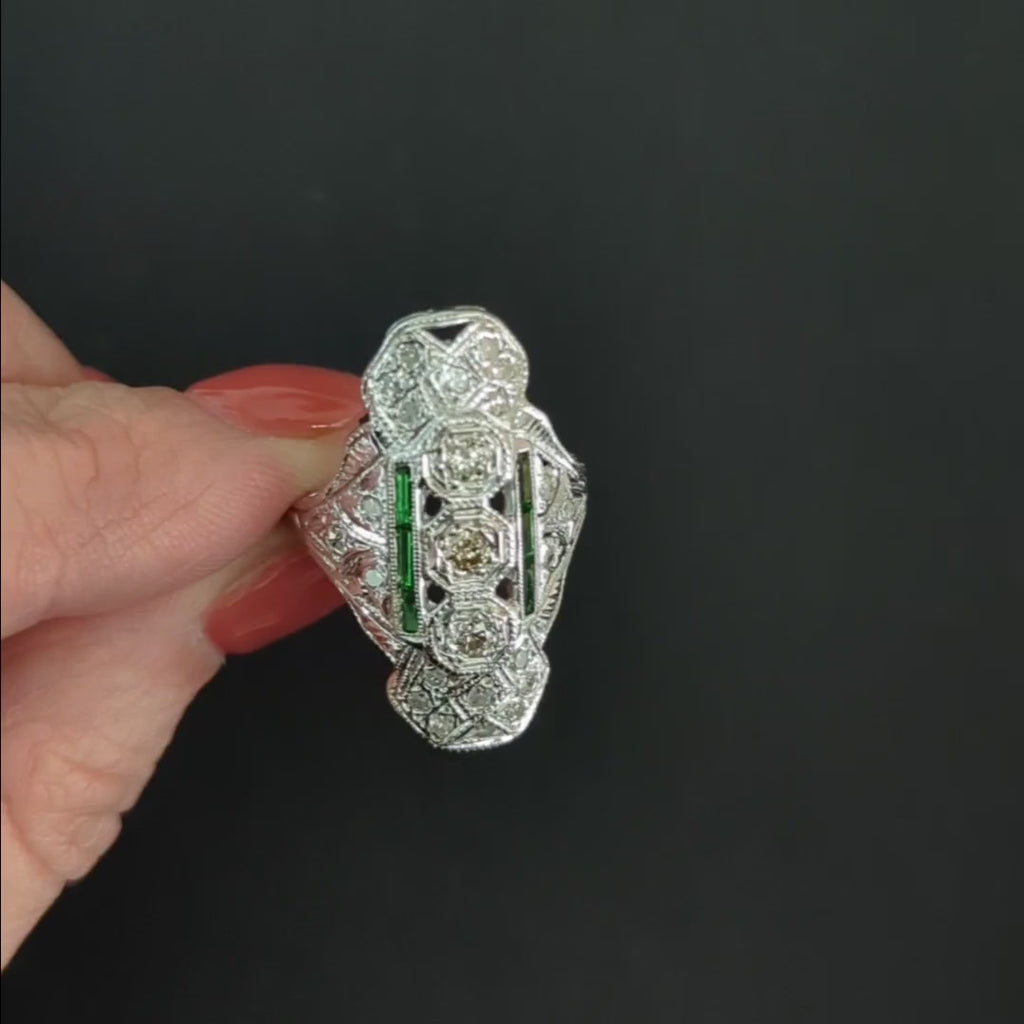 VINTAGE DIAMOND EMERALD COCKTAIL RING ART DECO GEOMETRIC STATEMENT WHITE GOLD